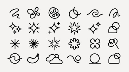 Fototapeta premium Vector set of abstract black line icons including stars, clouds, and shapes.