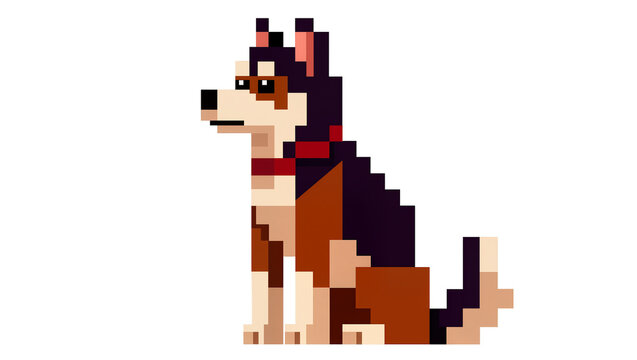 Isolated pixel art husky dog sitting, cute retro digital pet animal character graphic icon