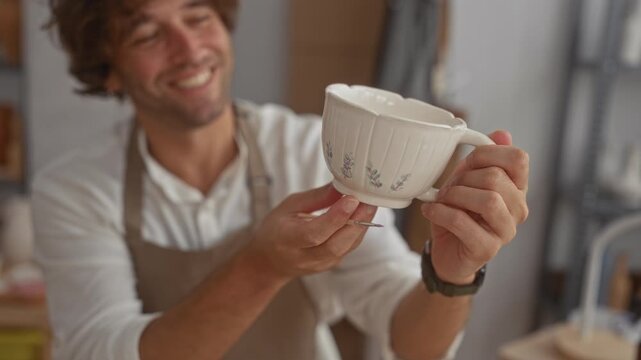 Man holding painted ceramic teacup by handle in studio, inspecting floral glaze with small brush while supporting base with his hands; artisan pride.