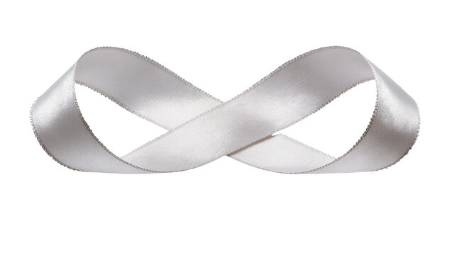 Isolated elegant silver satin ribbon gracefully tied in a symbolic infinity loop design