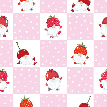 Seamless checkered pattern with cute berry gnomes - strawberry, cherry and raspberry. Baby print, vector illustration