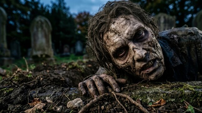 In the old cemetery, a zombie covered in dirt, with pale eyes and a weathered face, and overgrown with moss, mysteriously stands. Halloween monsters, makeup and costumes for the holiday, scary