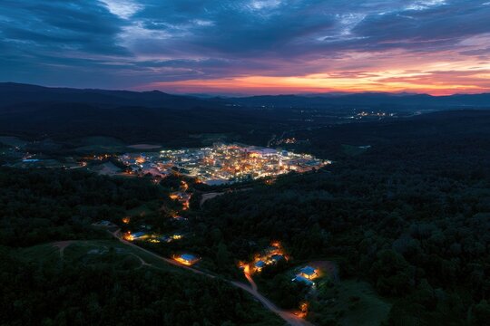 Aerial View of a Resort Town Illuminated at Dusk with Dramatic Sunset Sky.