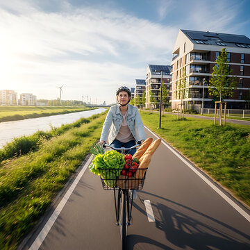 Woman cycling on urban riverside path with groceries in bike basket during sunny day