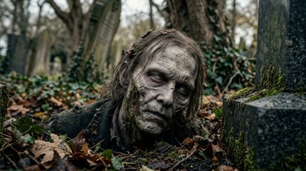 Fototapeta premium In the old cemetery, a zombie covered in dirt, with pale eyes and a weathered face, and overgrown with moss, mysteriously stands. Halloween monsters, makeup and costumes for the holiday, scary