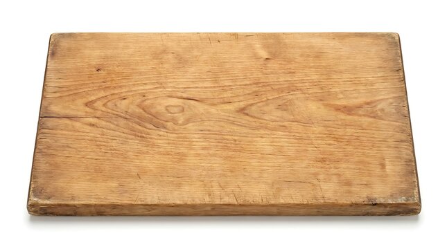 Board made of rustic aged wood sits horizontally on a white background for culinary presentation.
