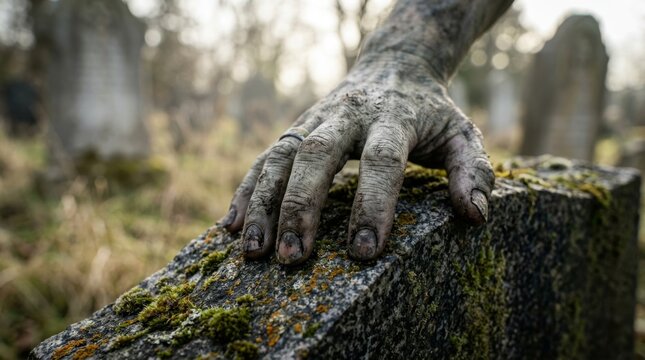 Dirty zombie hand with long fingernails reaching from the grave onto moss-covered tombstone in a dark spooky cemetery. Halloween monsters, makeup and costumes for the holiday, scary