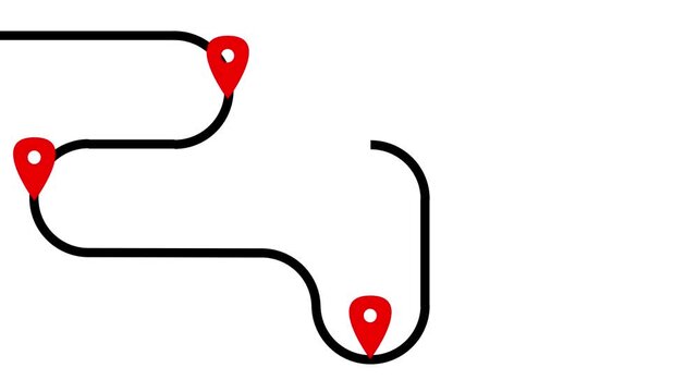 Animated travel route map on a white background. A black line draws a path connecting multiple red location pins.