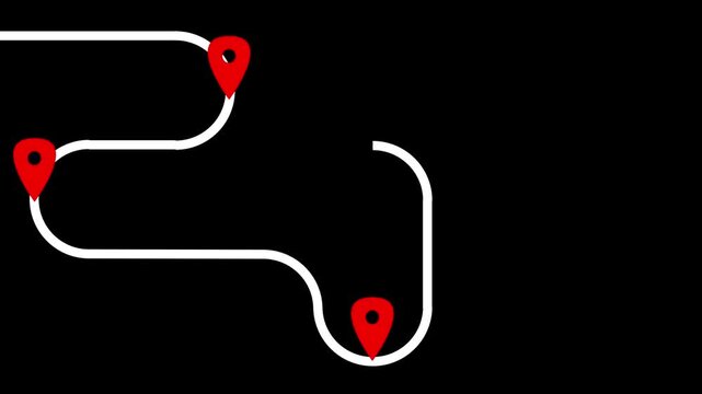 Animated travel route map on a black background. A white line draws a path connecting multiple red location pins.