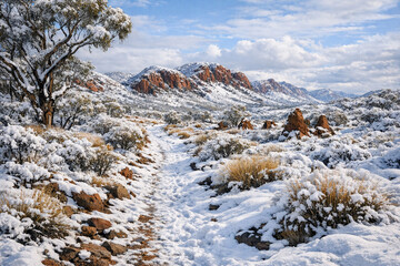 Fototapeta premium Snowy desert landscape with red rock formations and a pathway
