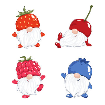 Set of cute berry gnomes isolated on white. Vector illustration of berry characters - cherry, strawberry and raspberry	