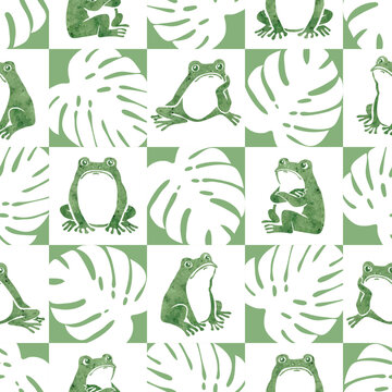 Cute frogs and monstera leaves checkered pattern. Seamless vector green print