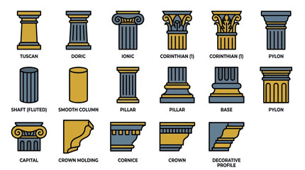 Classical architectural column and molding profile icons. © Supriyadi