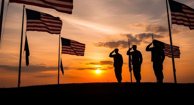 Silhouettes of three soldiers saluting against a vibrant sunset sky with multiple american flags waving in the background, representing patriotism and military honor