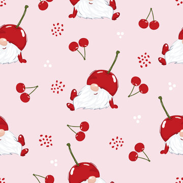 Cherry pattern with cute gnome and berries. Vector cartoon seamless illustration
