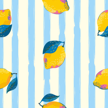 Seamless doodle lemon pattern with blue stripes. Trendy summer citrus fruit background