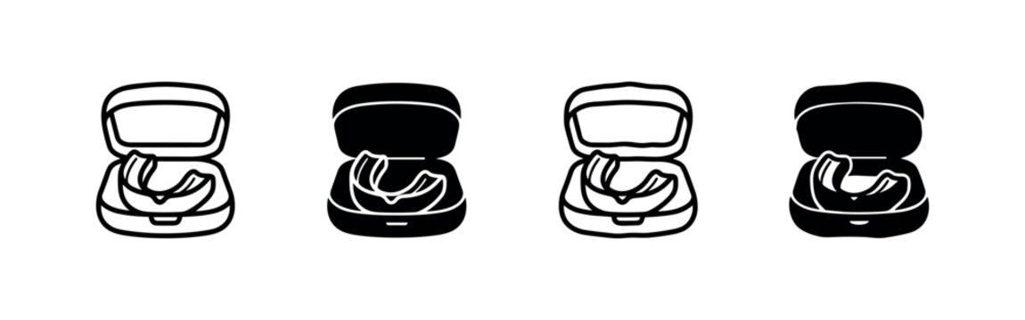Icon set of mouthguard in box, line art, silhouette, sketch