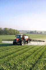 Obraz premium Farm Tractor Spraying Pesticide on a Field of Corn