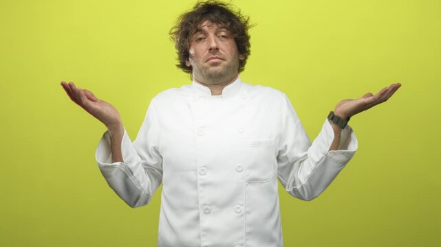 Man chef in white uniform shrugs with open palms and raised shoulders, wrists visible, eyes closed in studio; culinary confusion.