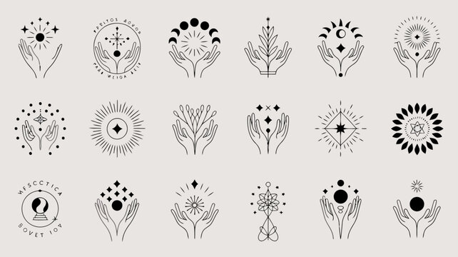 Minimalist Line Art Hands Holding Mystical Spiritual Esoteric Symbols.eps