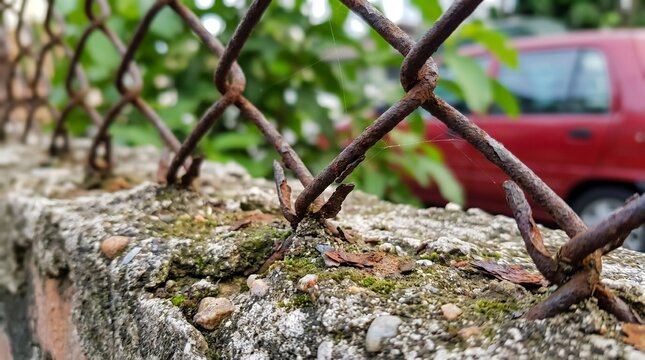 Rusty chain link fence on a weathered concrete wall
