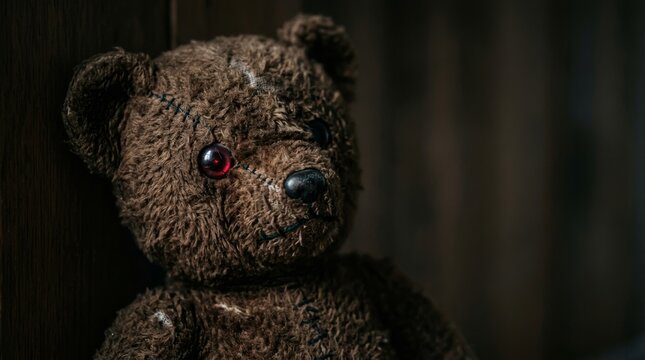 An old, forgotten teddy bear, abandoned on a dusty wooden floor in a dilapidated room with peeling wallpaper. Horror