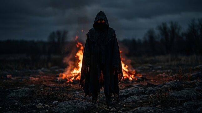 Mysterious hooded figure with glowing eyes standing before a raging bonfire in a dark, eerie forest setting