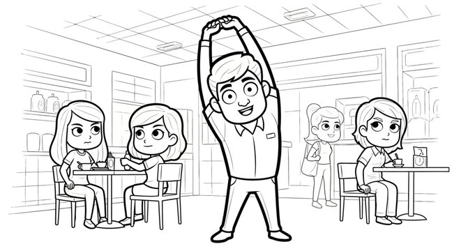 Cartoon character stretching arms in classroom setting.