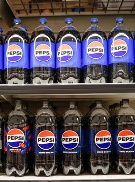 Plastic bottles of Pepsi carbonated drinks displayed on supermarket shelves in Philadelphia, Pennsylvania, USA, on June 3, 2026.