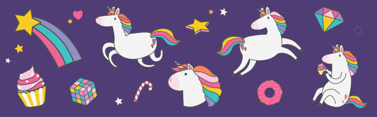 Naklejka premium Vector of colorful unicorns, stars, and sweets on a purple background.