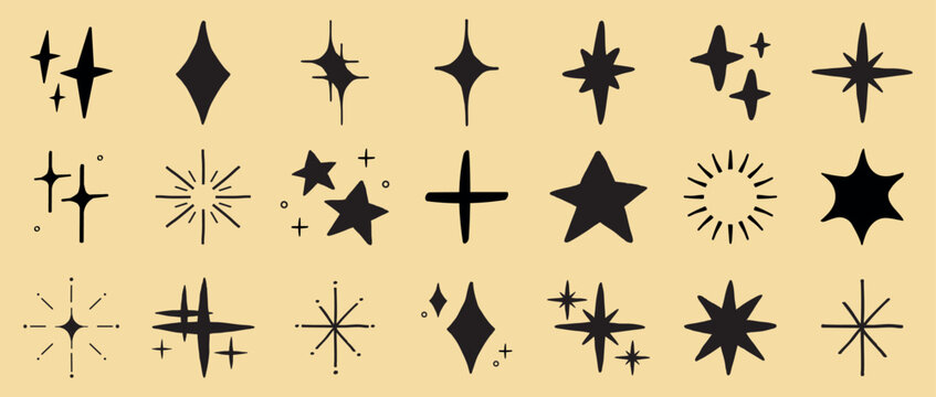 Vector set of black star and sparkle shapes on a beige background.