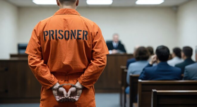 A prisoner in an orange jumpsuit stands in a courtroom with their hands handcuffed behind them.