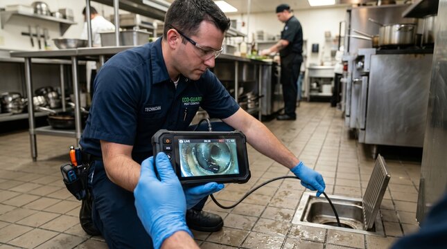 Pest control technician uses endoscopic inspection camera to examine commercial kitchen drain pipes. Professional maintenance service for rodent and insect infestation prevention in restaurant