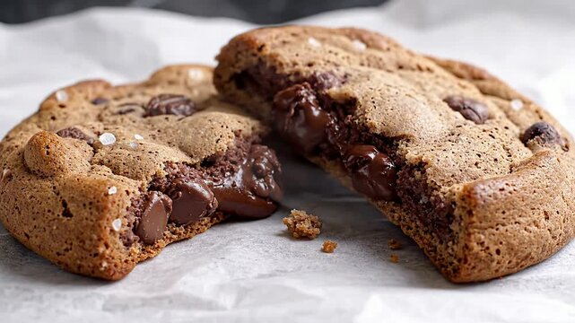 Deliciously Soft And Gooey Double Chocolate Chip Cookies On Parchment Background With Melted Chocolate Interior