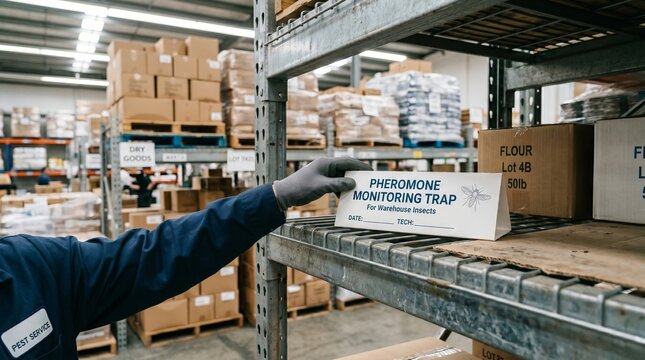 Pest control technician placing pheromone monitoring trap on shelf in food warehouse. Professional insect management service in industrial facility for inspection and food safety compliance