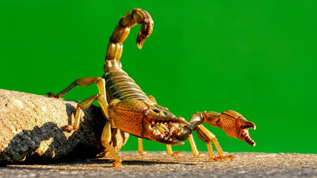 Detailed Macro Photography of Scorpion on Vibrant Green Background for Nature Education and Creative Projects