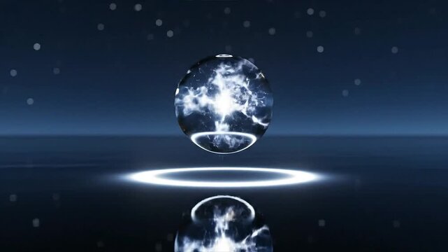 A glass orb floats above water with fire beneath on a dark night