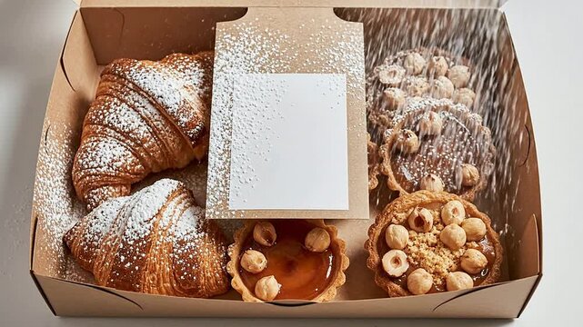 Gourmet Pastry Assortment in Takeaway Box with Croissant and Tart Covered in Powdered Sugar