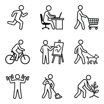 Collection of Simple Line Art Icons Representing Various Human Activities.