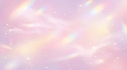 Holographic pastel sky background with rainbow prism light leaks, ethereal pink clouds with sparkling glitter texture, dreamy aesthetic wallpaper © Mix