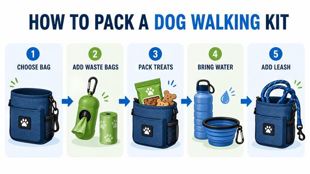 Infographic showing how to pack a dog walking kit. Step by step illustration for pet owner preparing essentials like waste bag, treat, water bottle, and leash for canine stroll