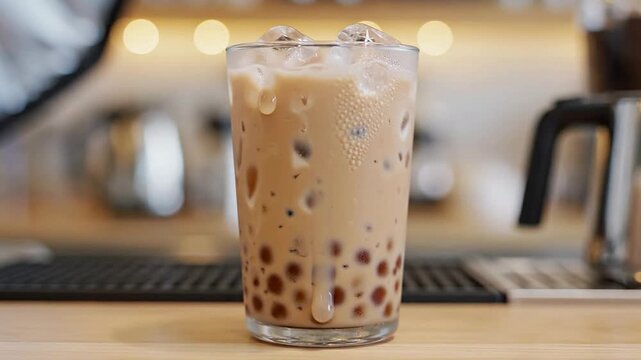 Iced Milk Tea With Tapioca Pearls Served In A Clear Glass On A Wooden Counter With Blurred Caf? Background