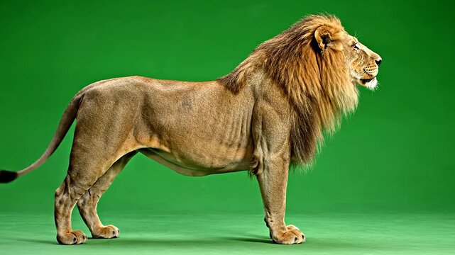 Majestic Lion Standing Proudly Against Vivid Green Background Perfect for Wildlife and Animal Projects, Isolated Cutout, Chroma Key and Visual Effects Usage