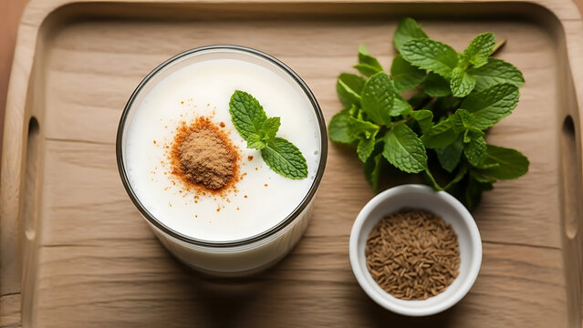 A glass of refreshing Indian spiced buttermilk drink with mint and roasted cumin powder.