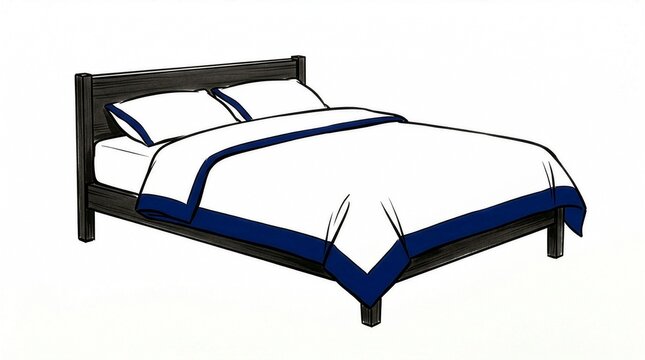 Illustration of a wooden double bed with white bedding and a blue border
