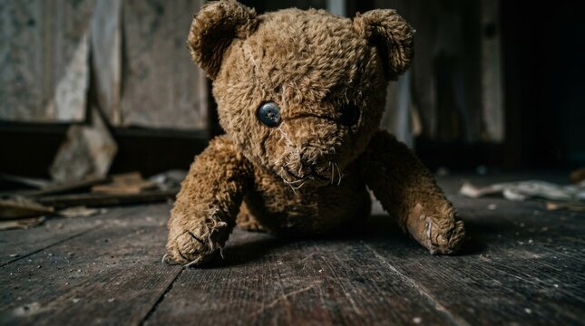 An old, forgotten teddy bear, abandoned on a dusty wooden floor in a dilapidated room with peeling wallpaper. Horror