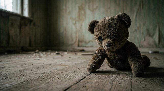 An old, forgotten teddy bear, abandoned on a dusty wooden floor in a dilapidated room with peeling wallpaper. Horror
