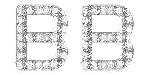 Alphabet letter B Beta Abstract outline shaped maze puzzle vector with answer in red lines with purple arrows, graphic illustration for Kids activity page, Printable game and books publishing © Hamza