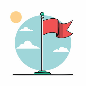 Red flag on flagpole with clouds and sun