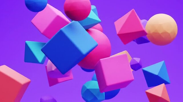 Floating colorful 3D geometric shapes on purple background.